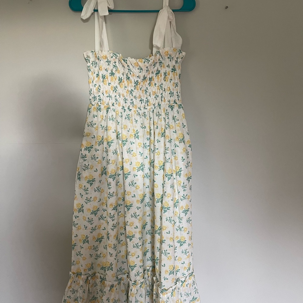 Smocked Tie-Shoulder Floral Midi Dress - White with Yellow & Blue - Picture 2 of 5